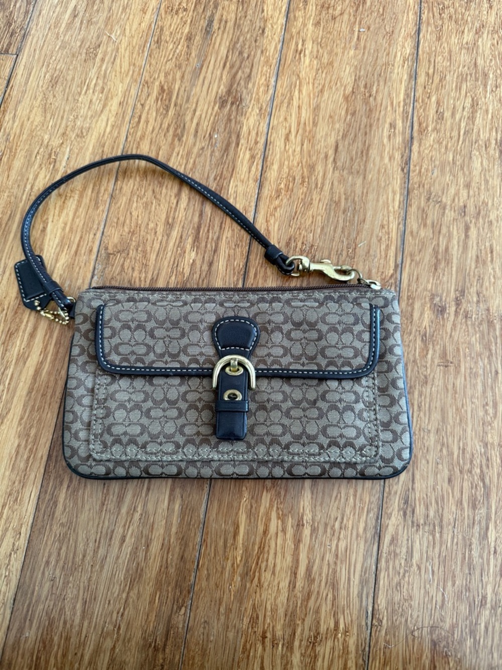 Coach Brown Signature Canvas Wristlet with Dark Trim & Gold Hardware